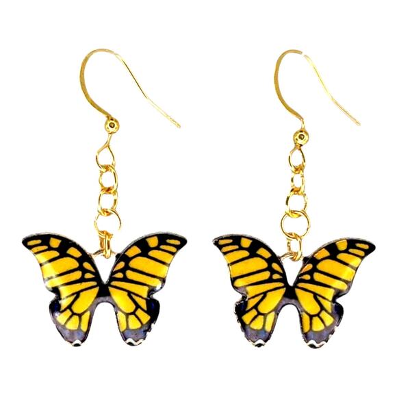 Yellow and Black Whimsical Butterfly Dangle Earrings – Spring Summer Jewelry - Picture 1 of 4